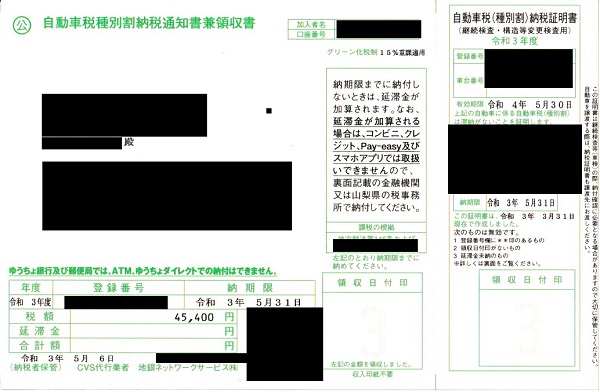 自動車税納付書　普通車